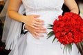 Bride and groom holding bridal bouquet close up Royalty Free Stock Photo