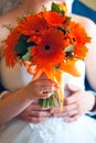 Bride and groom holding bridal bouquet close up Royalty Free Stock Photo