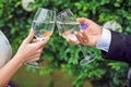 Bride and groom holding glasses with goldfish