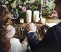 Bride and Groom Holding Hands Each Other on Wedding Reception Royalty Free Stock Photo