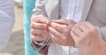 Bride and Groom Holding hands and exchanging rings Royalty Free Stock Photo