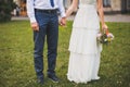 Bride and groom holding hands in the garden Royalty Free Stock Photo