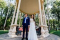 Bride and groom holding hands near the arbour in the park. Wedding couple in love at wedding day Royalty Free Stock Photo