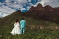 Bride and groom holding hands near a mountain against a cloudy sky in a natural park. A wedding couple walks in the Royalty Free Stock Photo