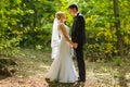 Bride and groom holding hands outdoors Royalty Free Stock Photo