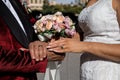 Bride and groom holding hands and showing wedding rings just after ceremony Royalty Free Stock Photo