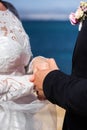 Bride and groom holding hands together on a sky background. Royalty Free Stock Photo