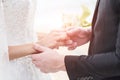 Bride and groom holding hands with wedding rings on the background of sea and sun Royalty Free Stock Photo