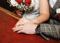 Bride and groom holding hands with wedding rings Royalty Free Stock Photo