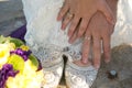 Bride and groom holding hands, wedding rings Royalty Free Stock Photo