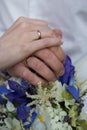 Bride and groom holding hands, wedding rings Royalty Free Stock Photo