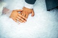 Bride and groom holding hands with woman`s hand on man`s hand with wedding rings, close up. Hands newlyweds in wedding day Royalty Free Stock Photo