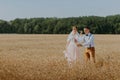 Bride and groom holding wedding champagne glasses on the background of wheat field. Happy wedding couple in wheat field Royalty Free Stock Photo