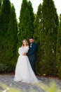 the bride and groom hugging and dancing in the park. Royalty Free Stock Photo