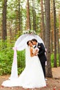 Bride and groom kissing near the wedding arch Royalty Free Stock Photo