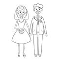 Bride and groom linear black and white drawing, silhouette, coloring, outline cartoon character, vector illustration. Newlyweds Royalty Free Stock Photo