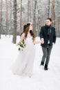 Bride and groom are looking each other and walking in the winter forest. Close-up. Winter wedding ceremony. Royalty Free Stock Photo