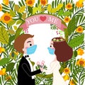 Bride and groom love in covid-19 hand drawn cartoon vector ,wearing face mask in their