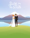Bride And Groom and mountains. Wedding ceremony by the sea. Newlyweds, Valentines Day. vector illustration card, Love Royalty Free Stock Photo