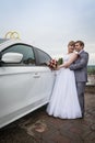Bride and groom near a car in a wedding Royalty Free Stock Photo