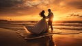 Bride and groom, newlyweds, honeymoon on the beach sunset