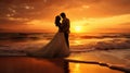 Bride and groom, newlyweds, honeymoon on the beach sunset