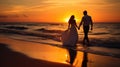 Bride and groom, newlyweds, honeymoon on the beach sunset