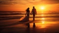 Bride and groom, newlyweds, honeymoon on the beach sunset