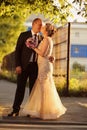 Bride and groom outdoors on their wedding day Royalty Free Stock Photo