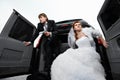 Bride and groom playing gangsters Royalty Free Stock Photo