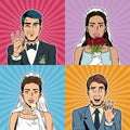 Bride and groom pop art cartoon Internet Security, baniking online