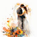 Colorful Painterly Style Wedding Painting With Bride And Groom Hugging