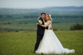 Bride and groom pose on the green field with a great landscape b