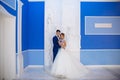 The bride and groom are posing for a photo in a huge blue hall with white columns. The color of the groom`s costume is