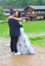 June 2018, Happy bride and groom rice fields, Shirakawa Go Unesco, Japan