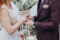 the bride and groom put on each other rings, a burgundy suit and a beige wedding dress, cloudy day, a ceremony by the sea Royalty Free Stock Photo