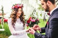 Bride and groom puts ring Royalty Free Stock Photo