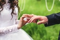 Bride and groom puts ring Royalty Free Stock Photo