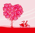 Bride and groom riding tandem bicycle Royalty Free Stock Photo