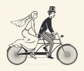 Bride and groom riding a vintage tandem bicycle