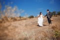 Bride and groom on the road Royalty Free Stock Photo