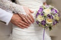 Bride and groom's hands with wedding bouquet and rings Royalty Free Stock Photo