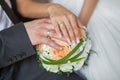 Bride and groom's hands with wedding rings and bouquet of flowers Royalty Free Stock Photo