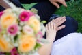 Bride and groom`s holding each other`s hand with wedding rings. Royalty Free Stock Photo