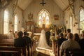 A bride and groom are seen walking together down the aisle of a church during their wedding ceremony, Quaint wedding scene at a Royalty Free Stock Photo