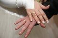 Bride and groom show their hands wearing wedding rings Royalty Free Stock Photo