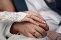 Bride and groom show their hands wearing wedding rings Royalty Free Stock Photo