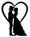 Bride and groom silhouette with heart symbol isolated on white. Vector country wedding groom and bride with cowboy hat and cowboy Royalty Free Stock Photo