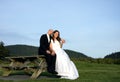 Bride & Groom Sitting On Picnic Table Royalty Free Stock Photo