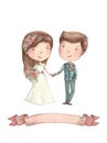 Bride and groom with flowers and ribbon, watercolor illustration wedding